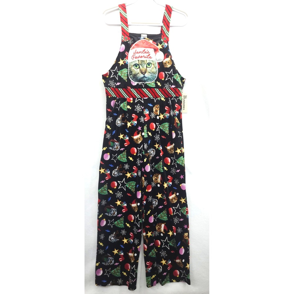 NEW Women's Black Christmas Kitty Cat Velour Overalls Sz L (12/14) Nwt
